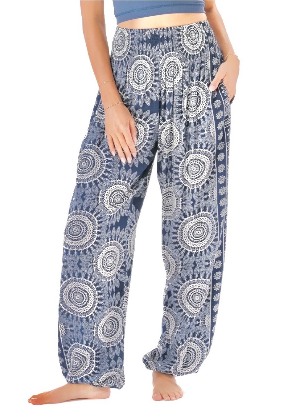 Lotus & Luna Light Blue Printed Elastic-Waist Harem Beach Pants